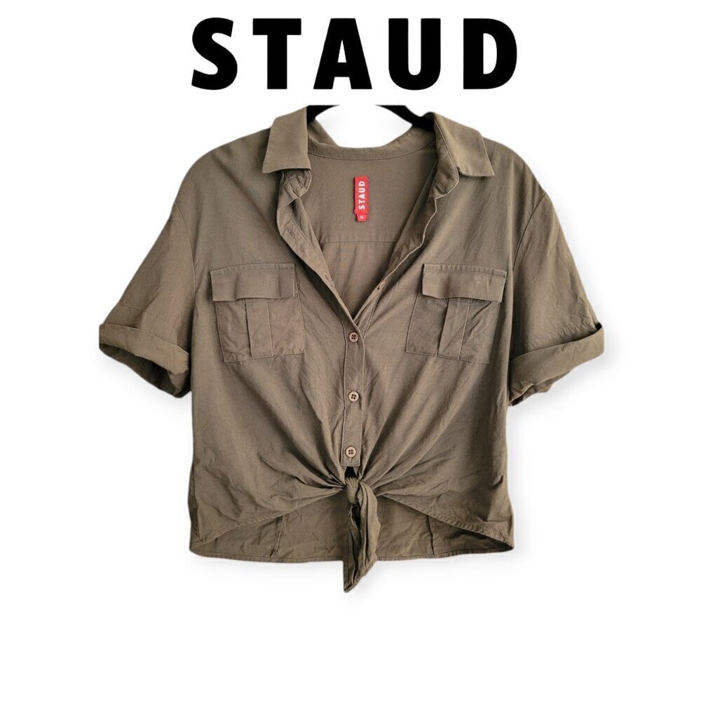 STAUD Olive Green Front Tie Button Up Shirt Sustainable Bamboo Cotton Size M Top